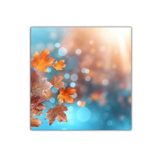 Cuadro con hojas de otoño en tonos cálidos y azul brillante