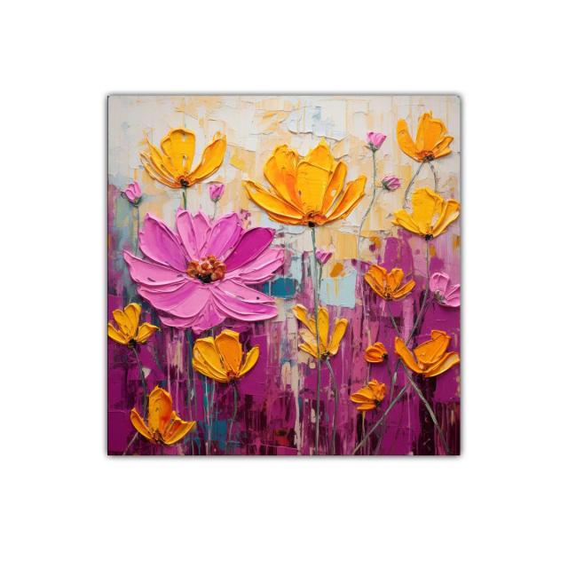 Llamativo cuadro floral con flores rosas y amarillas vibrantes