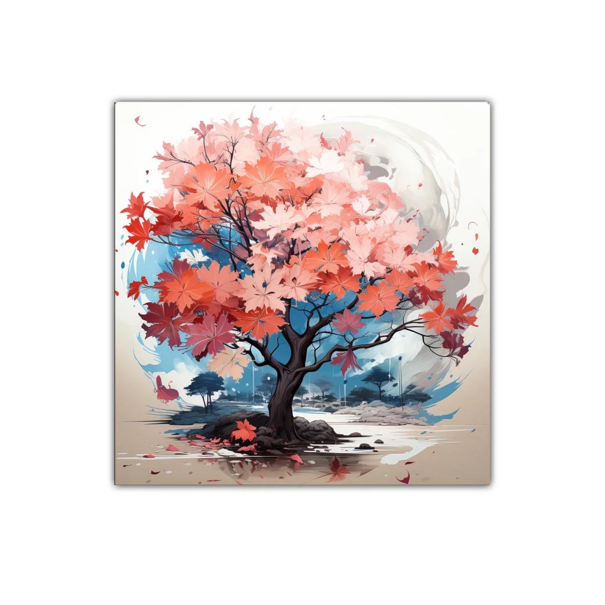 Árbol con hojas rojas en paisaje sereno y colorido