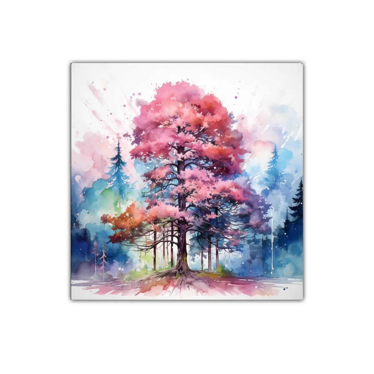 Árbol vibrante con tonos rosas y azules en entorno natural
