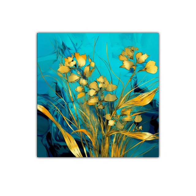 Cuadro decorativo de flores doradas sobre fondo azul vibrante