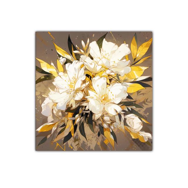 Cuadro decorativo con flores blancas y detalles dorados