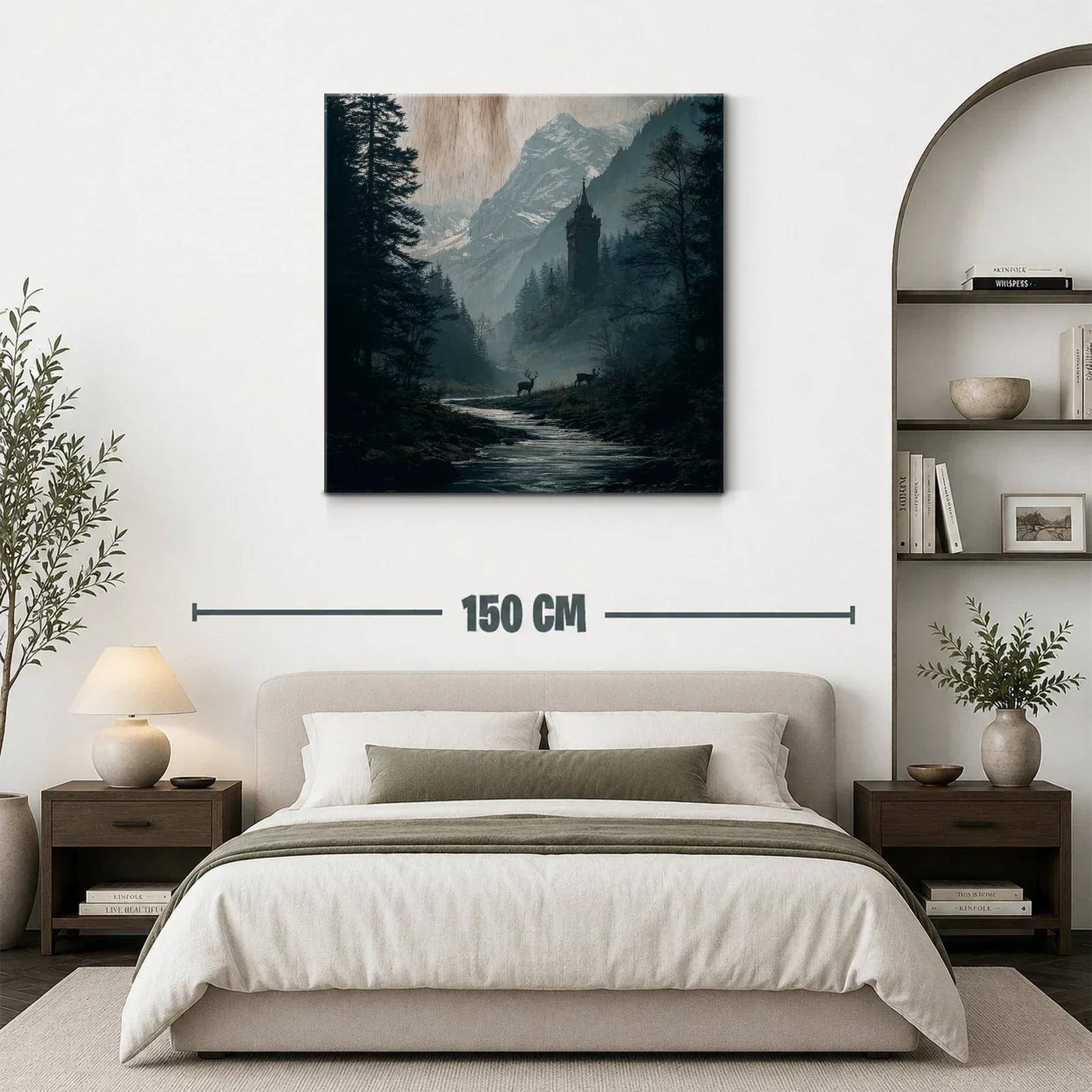 Paisaje montañoso con torre mística y ciervos al amanecer — miniatura 3