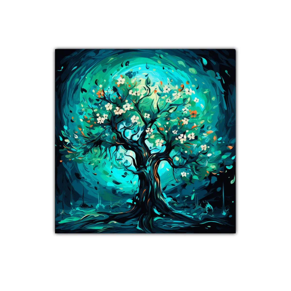 Árbol floreciente en tonos vibrantes y armoniosos
