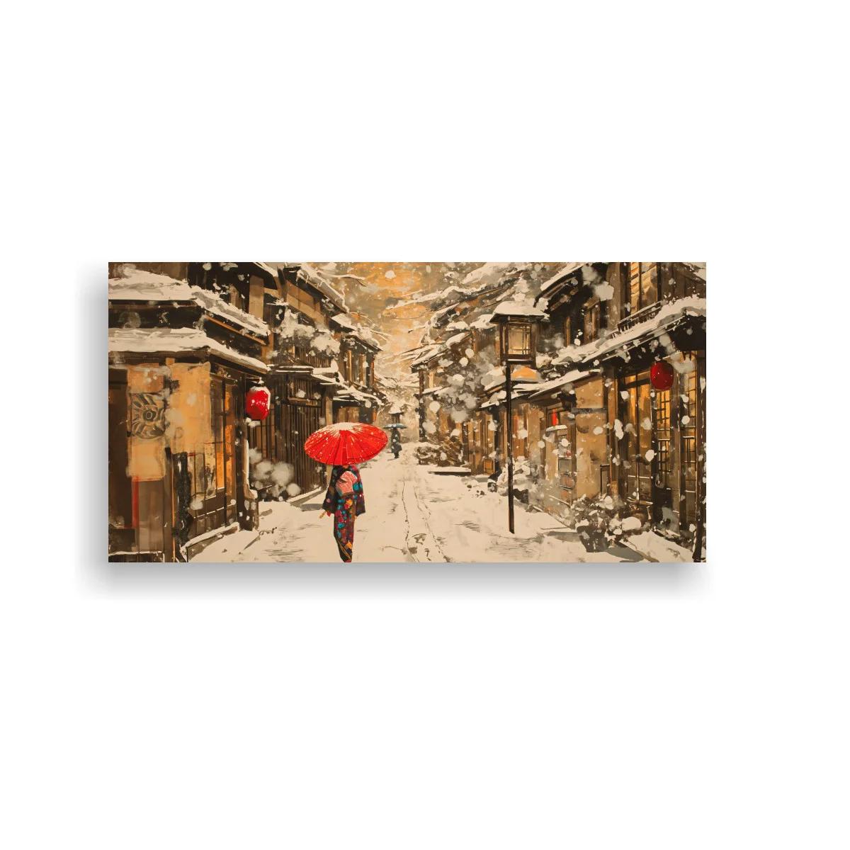 Cuadro calle nevada de pueblo japonés con paraguas rojo