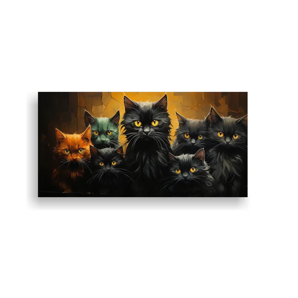Cuadro grupo de gatos negros de ojos amarillos con fondo oscuro cálido