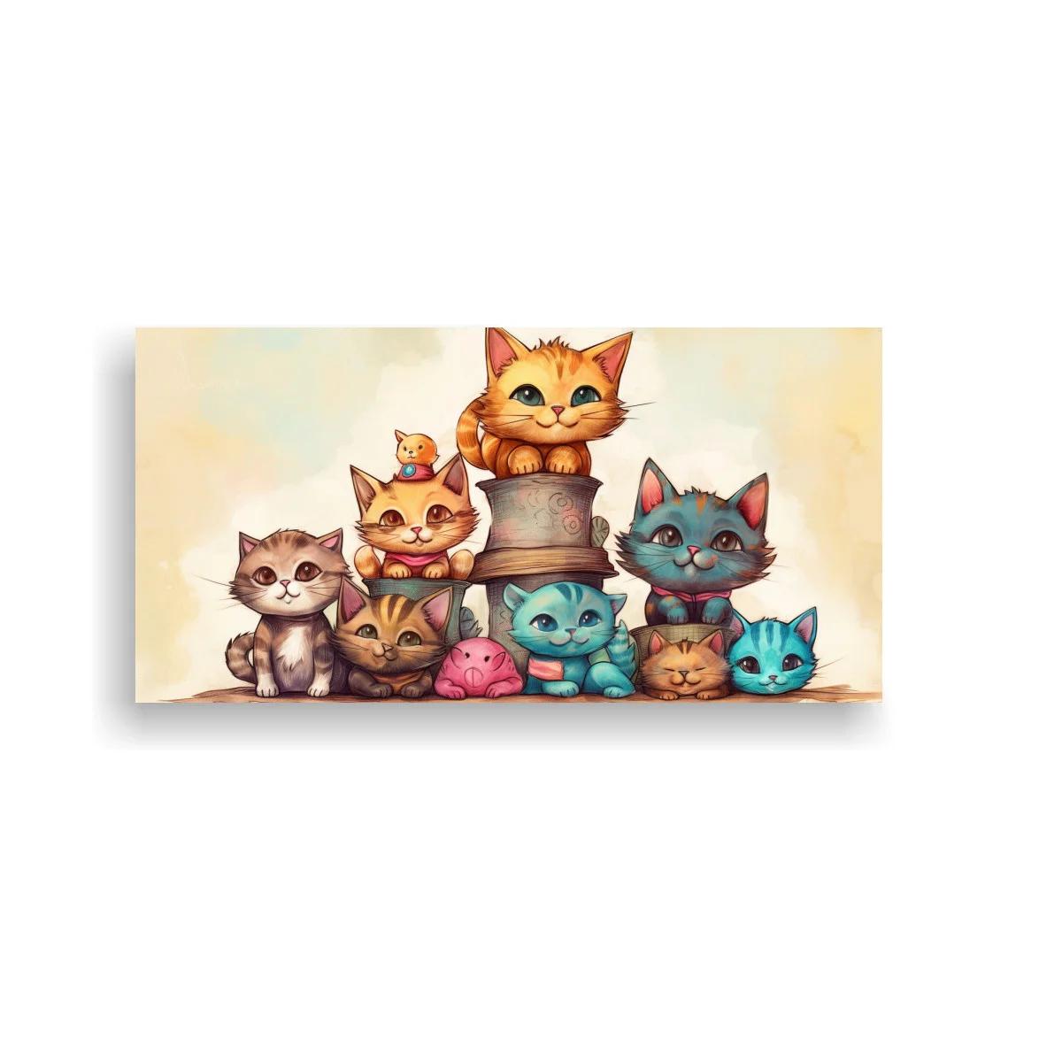 Cuadro grupo de gatos caricaturescos con maceta decorada