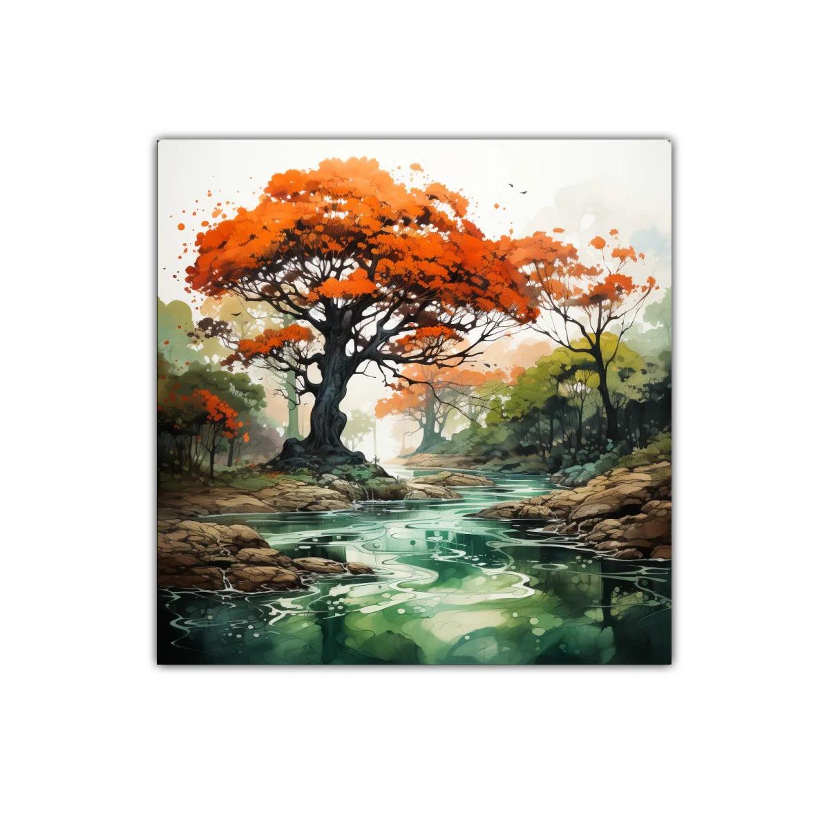 Árbol con follaje rojo sobre río sereno en paisaje natural — miniatura 1