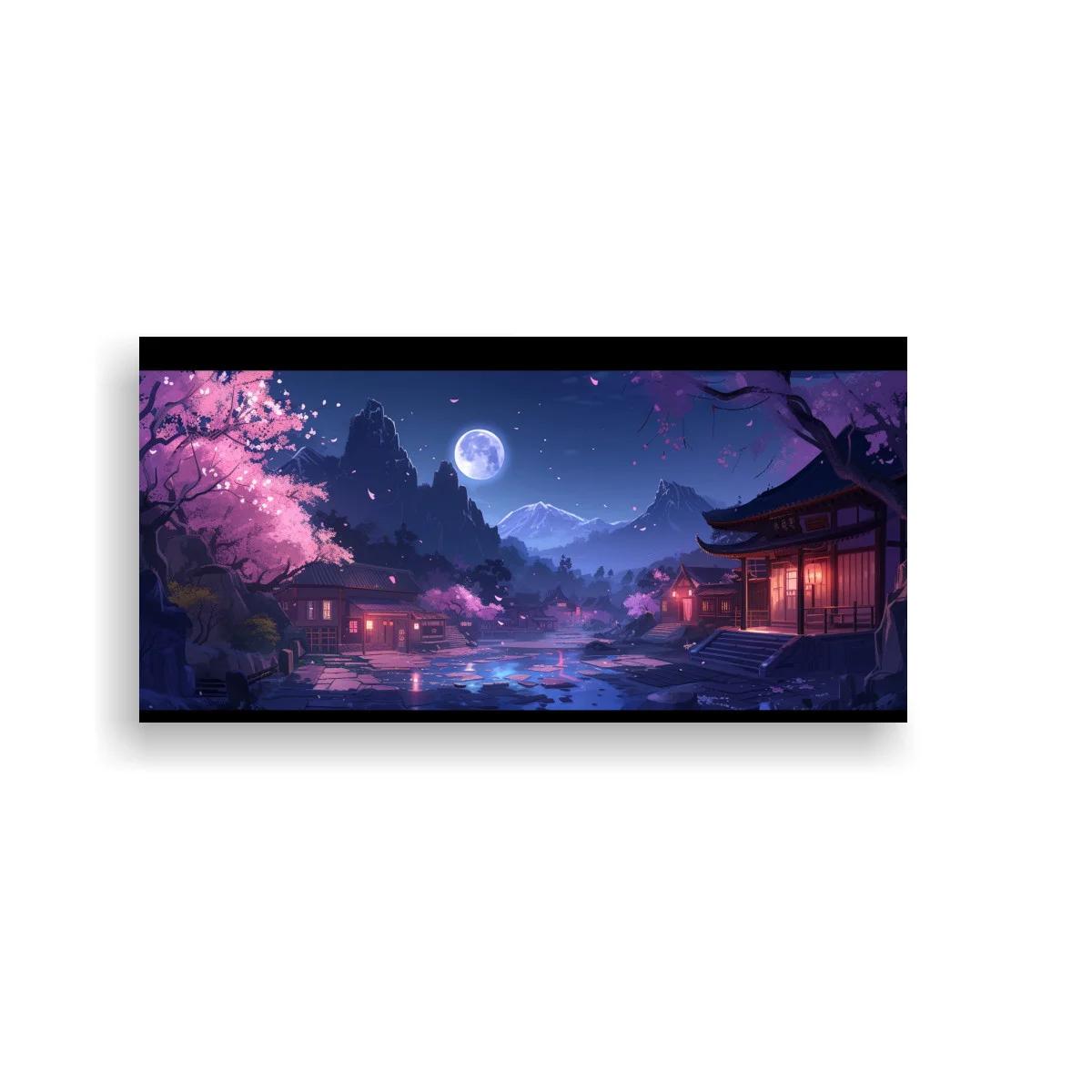Cuadro paisaje japonés nocturno con arquitectura tradicional iluminada