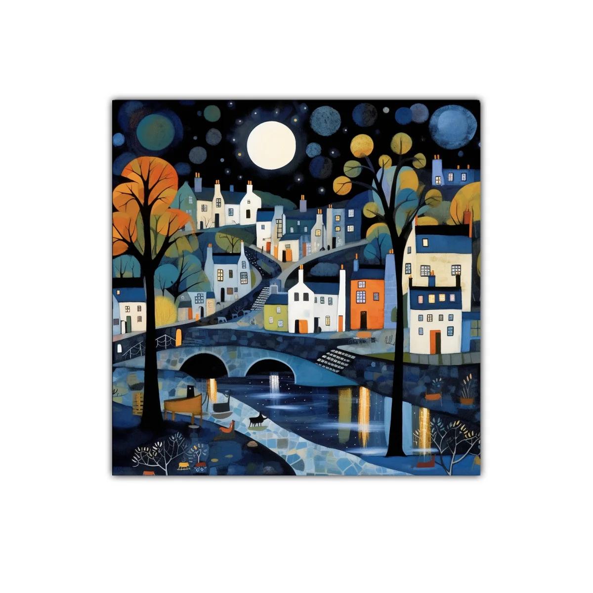 Paisaje nocturno de pueblo con luna llena y reflejos brillantes — imagen principal