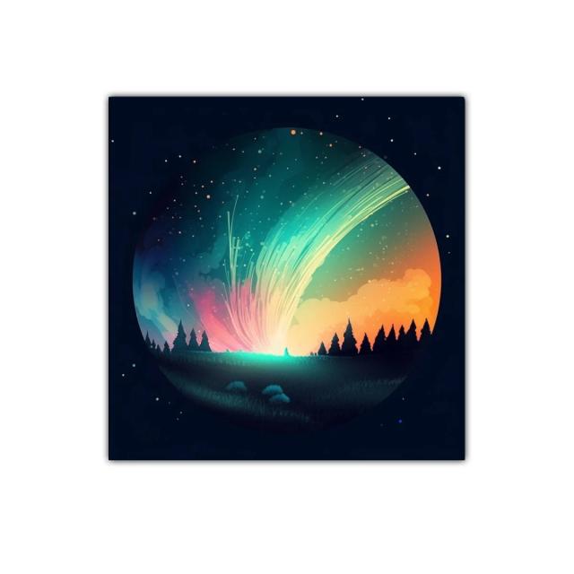 Cielo estrellado con auroras y bosque silueteado