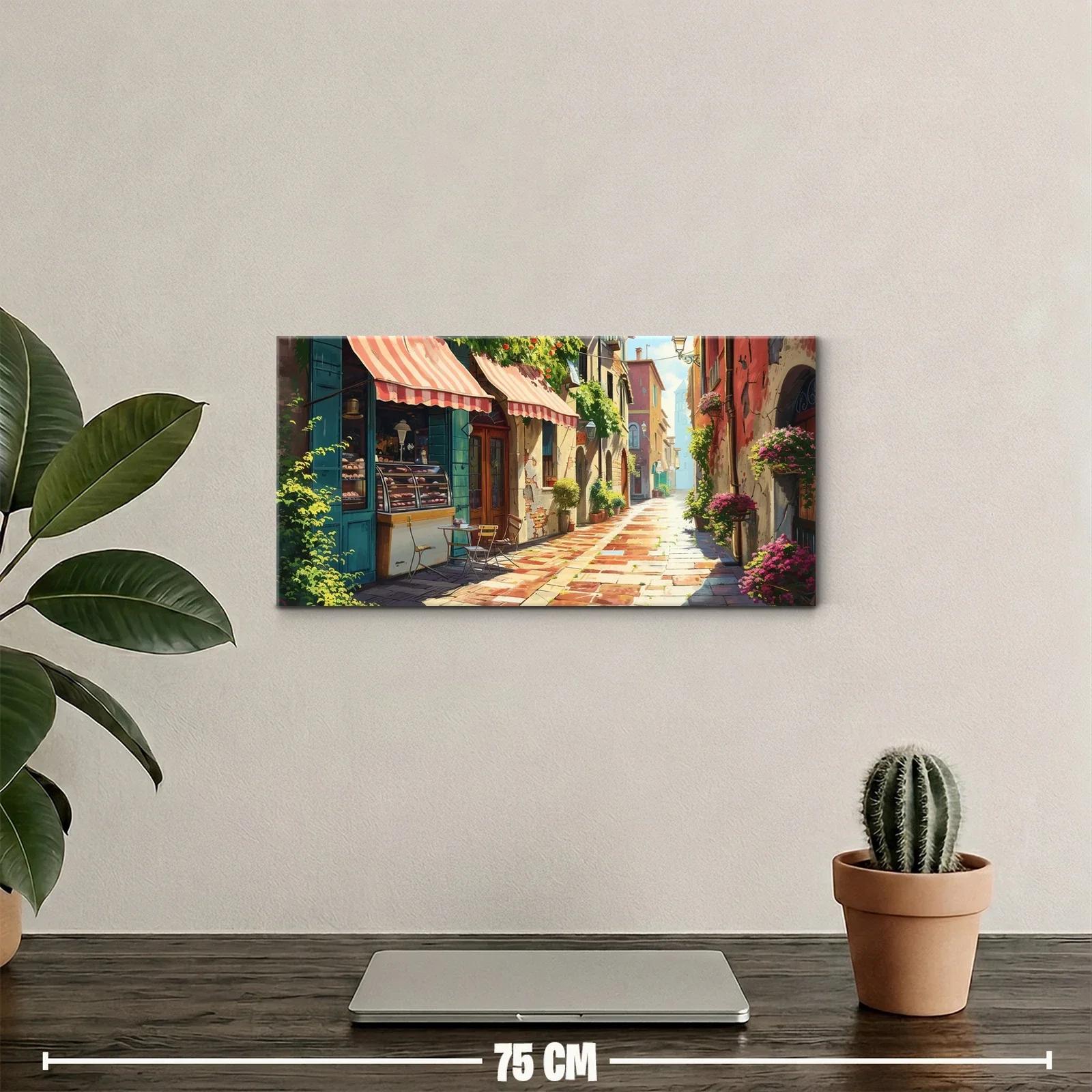 Cuadro callejón mediterráneo con macetas floridas y toldos a rayas — miniatura 2