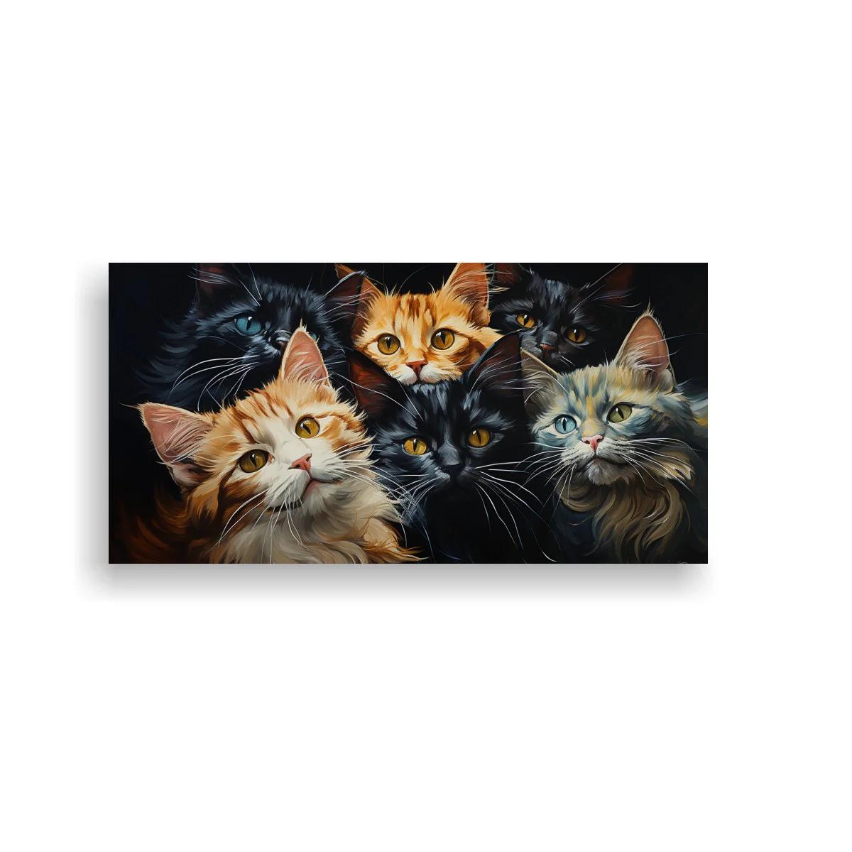 Cuadro grupo de gatos domésticos sobre fondo oscuro