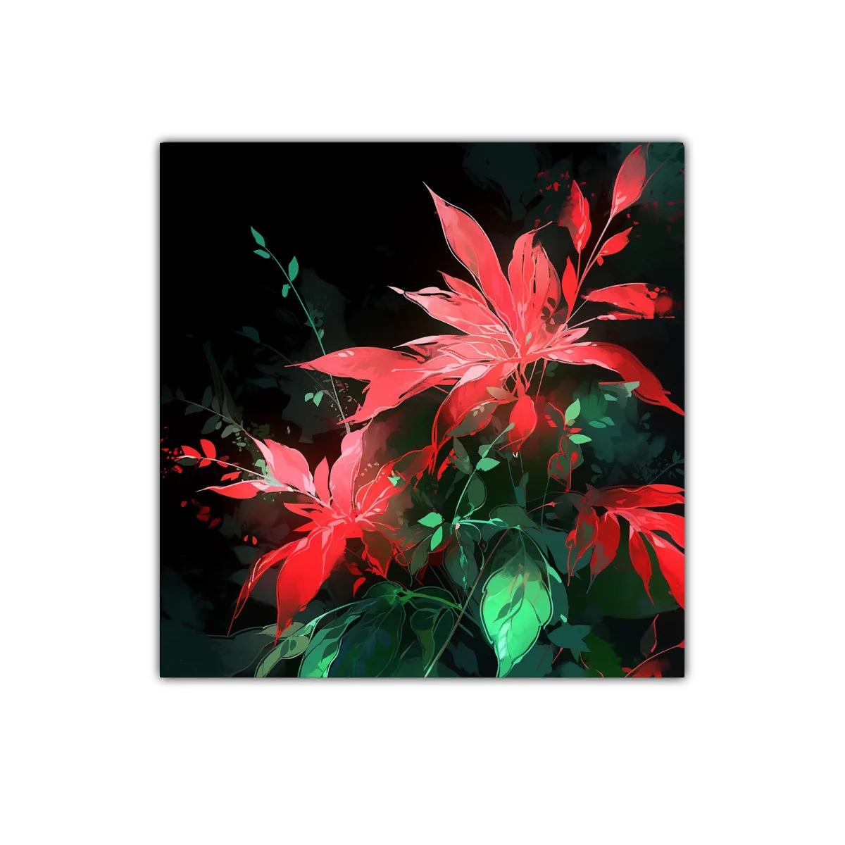 Vibrantes flores rojas con hojas verdes sobre fondo oscuro