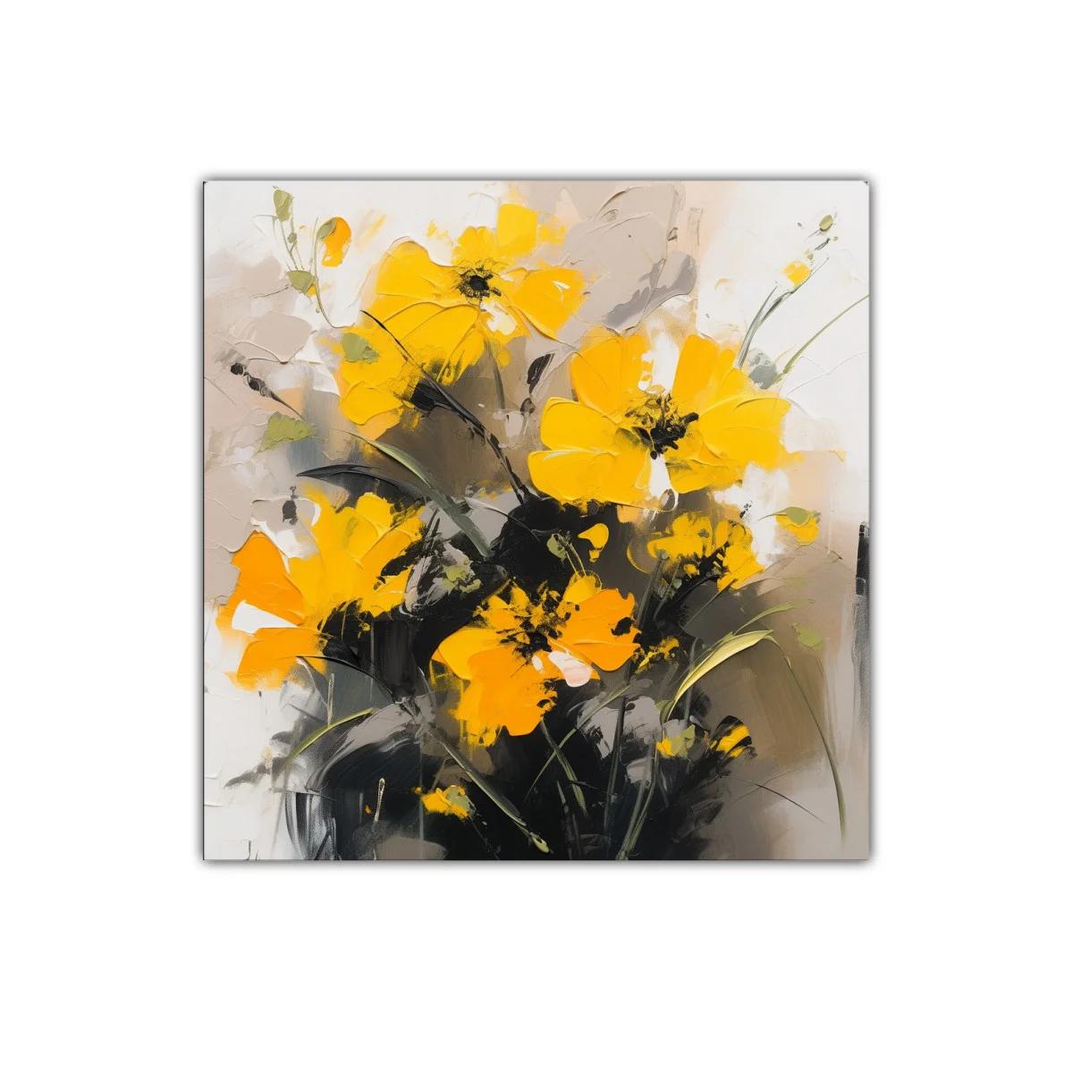 Cuadro floral con flores amarillas vibrantes y fondo neutro — imagen principal