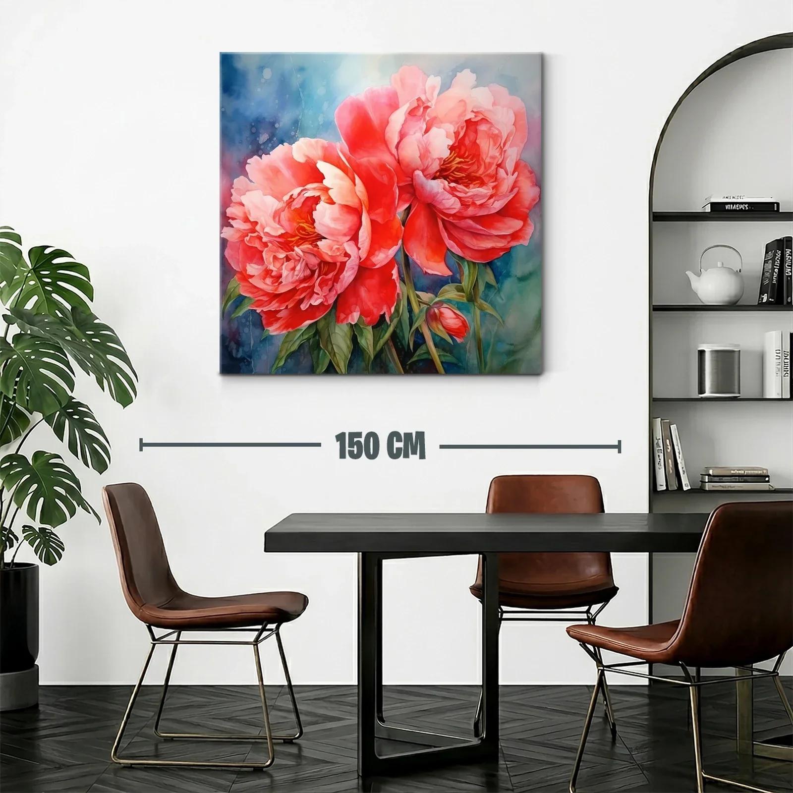 Cuadro floral con peonías vibrantes y fondo azul difuminado — miniatura 2