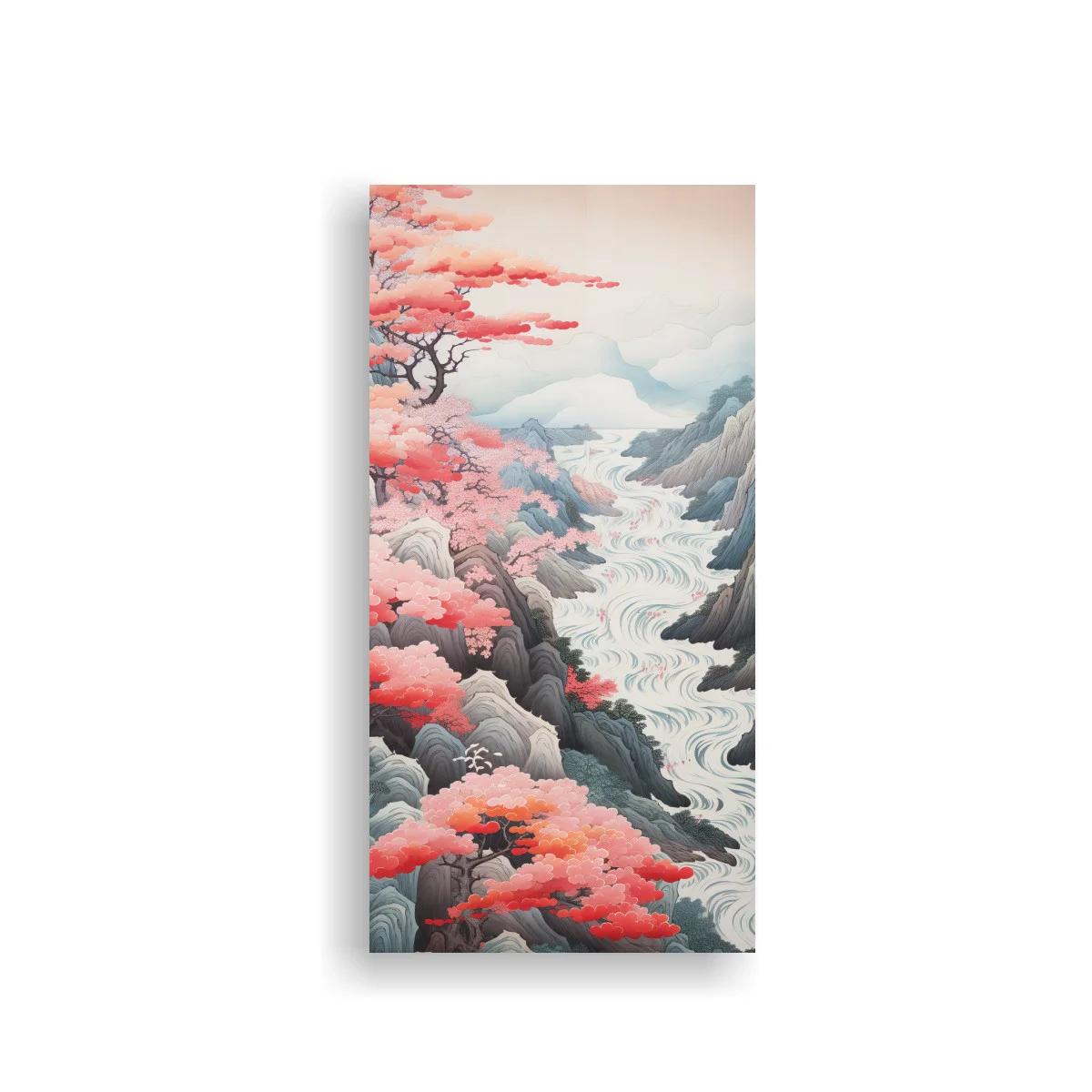 Cuadro paisaje de montaña con río blanco y árboles rosados