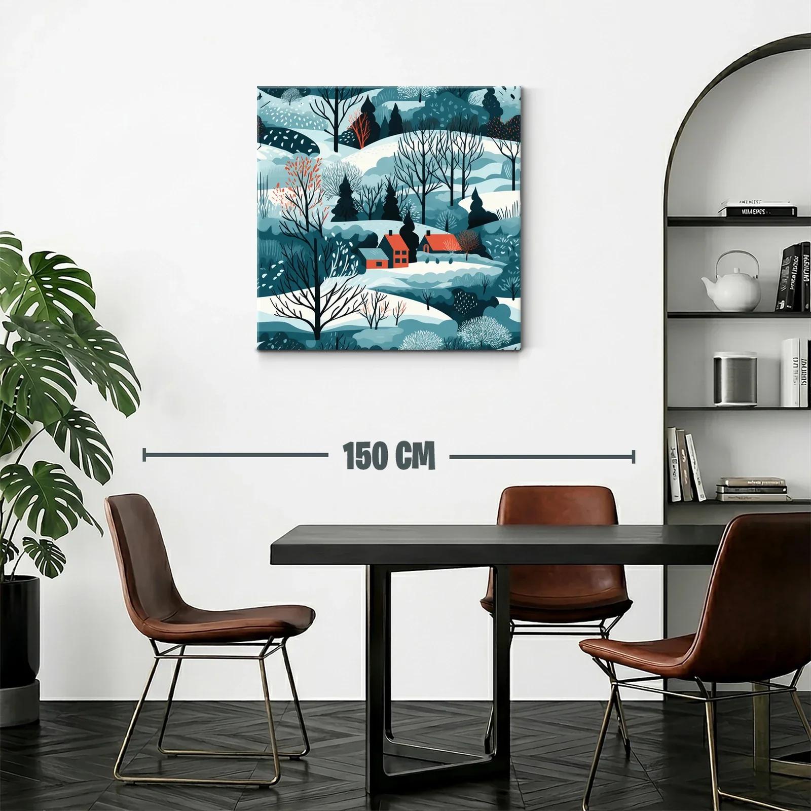 Paisaje invernal con casas y árboles desnudos en tonos fríos — miniatura 2