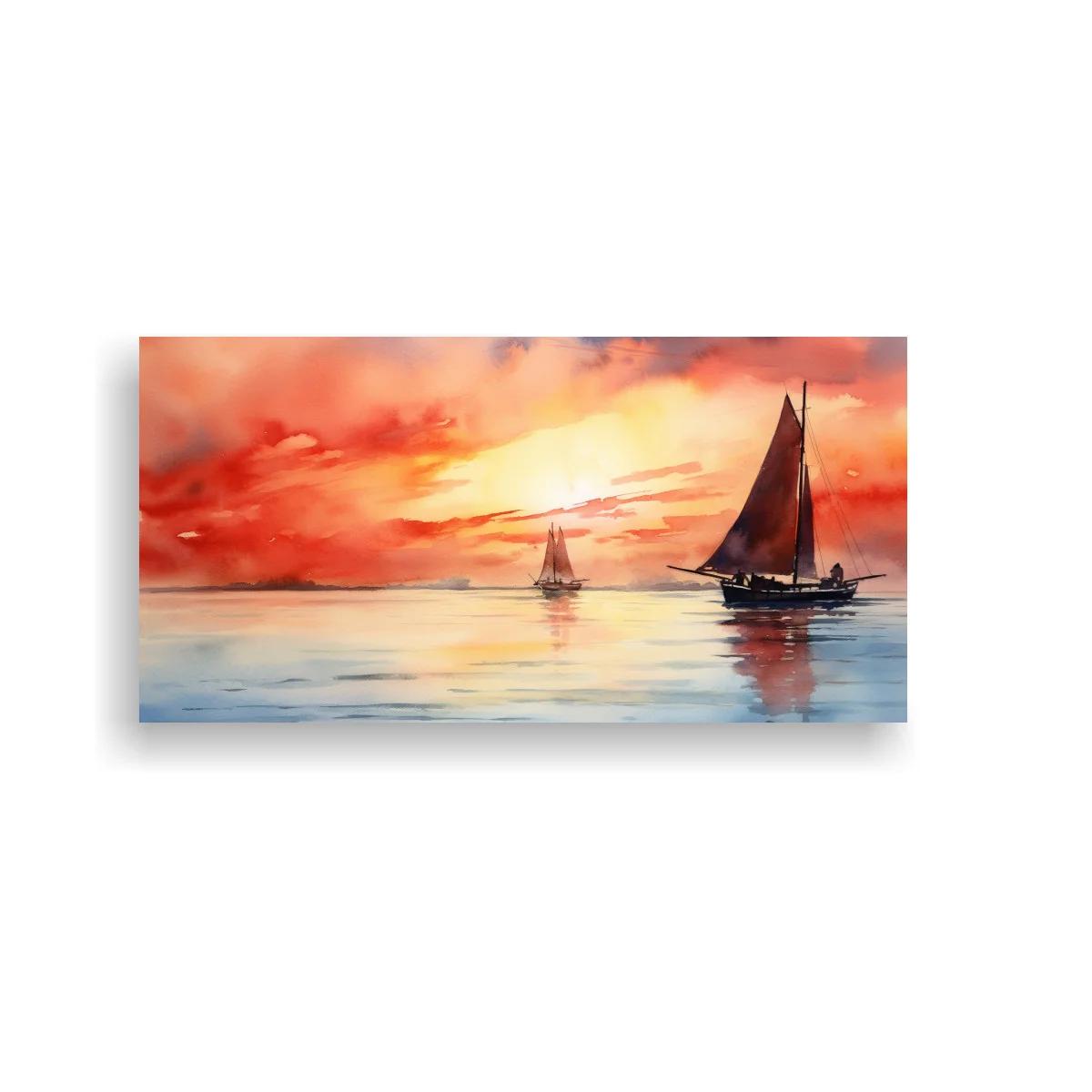 Cuadro velero al atardecer con dos embarcaciones