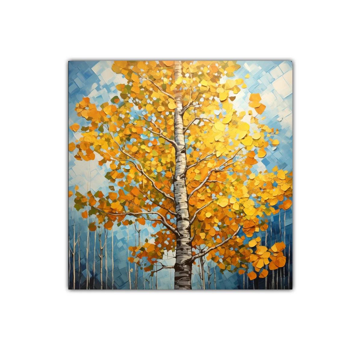 Árbol otoñal con vibrantes hojas doradas y cielo azul