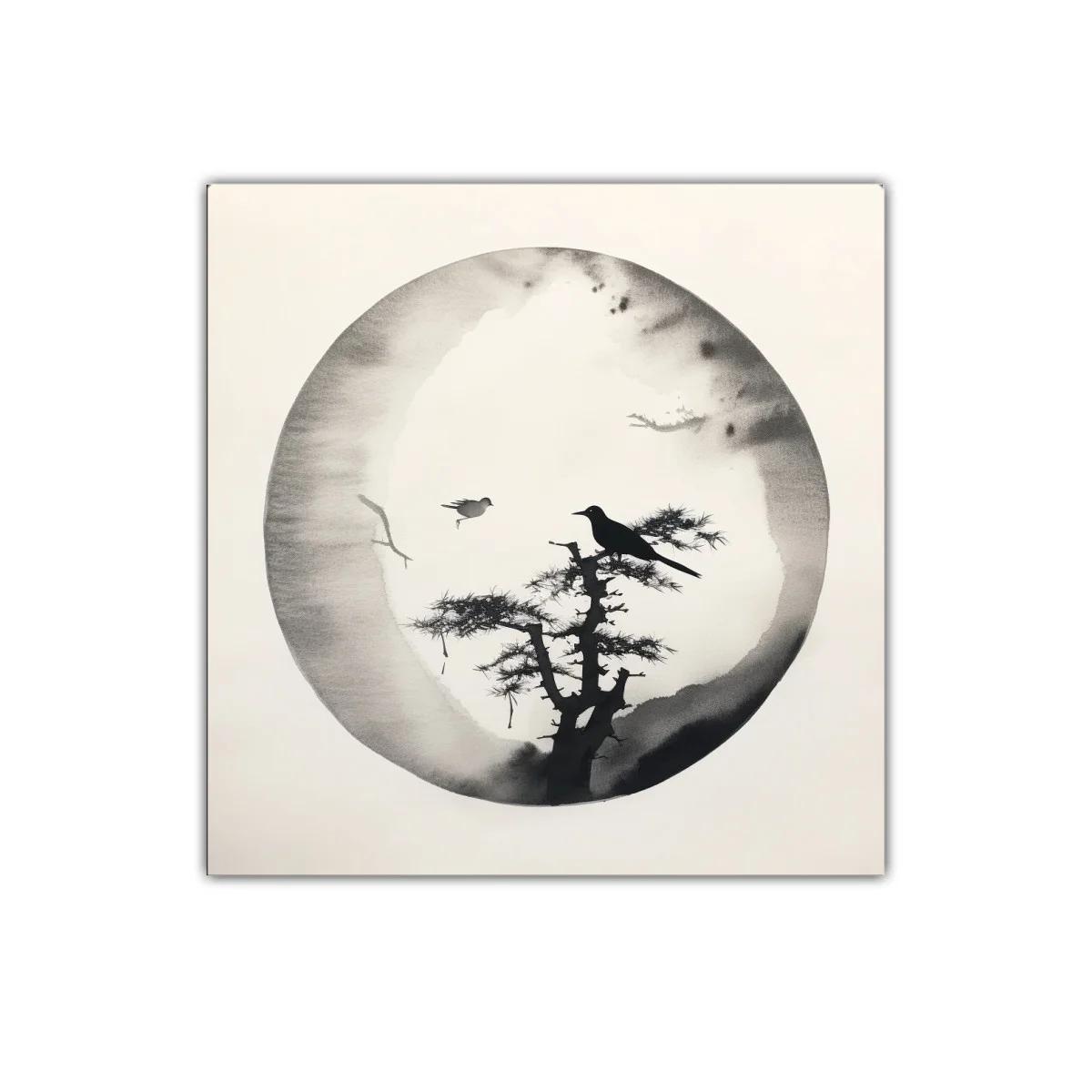 Cuadro contemplativo con aves y naturaleza en tonos monocromáticos — imagen principal