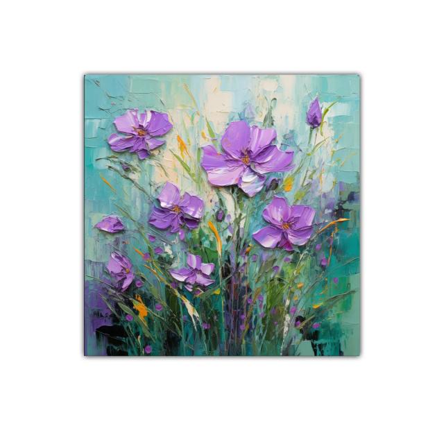 Cuadro decorativo con flores lilas sobre fondo verde y azul