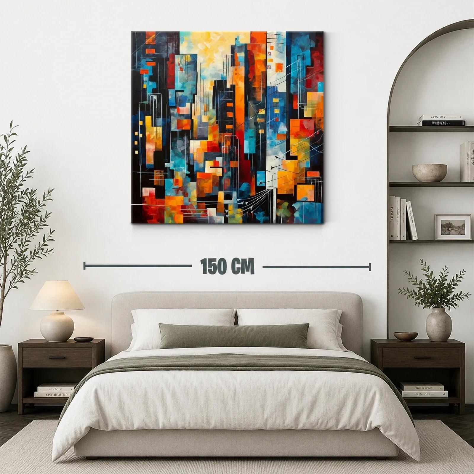 Cuadro abstracto con vibrante ciudad en tonos cálidos y fríos — miniatura 3
