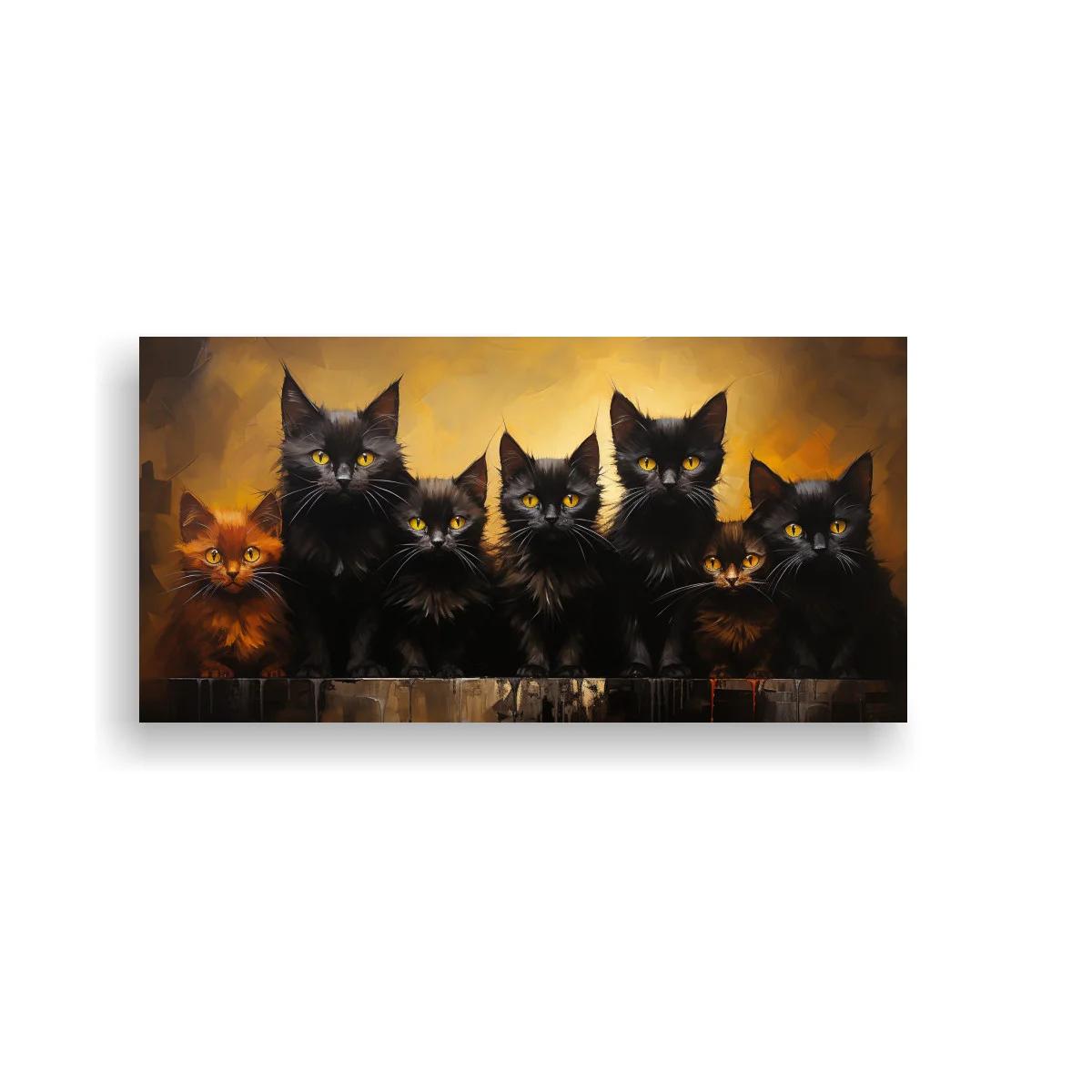 Cuadro grupo de gatos negros con ojos amarillos