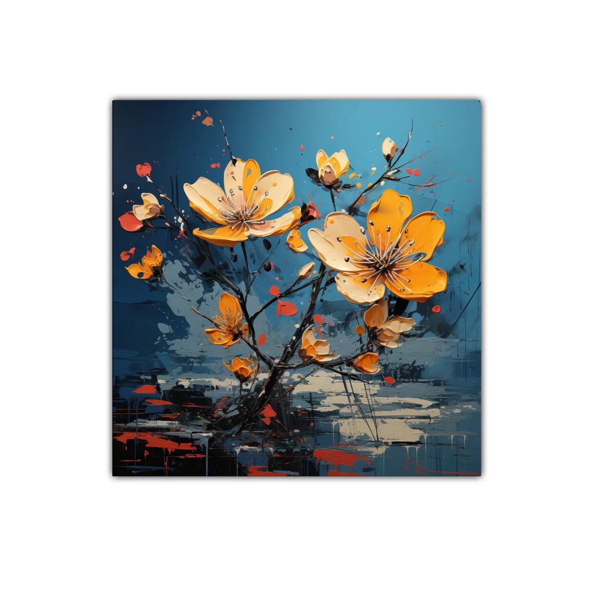 Cuadro floral en vibrantes tonos amarillos y fondo azul — imagen principal