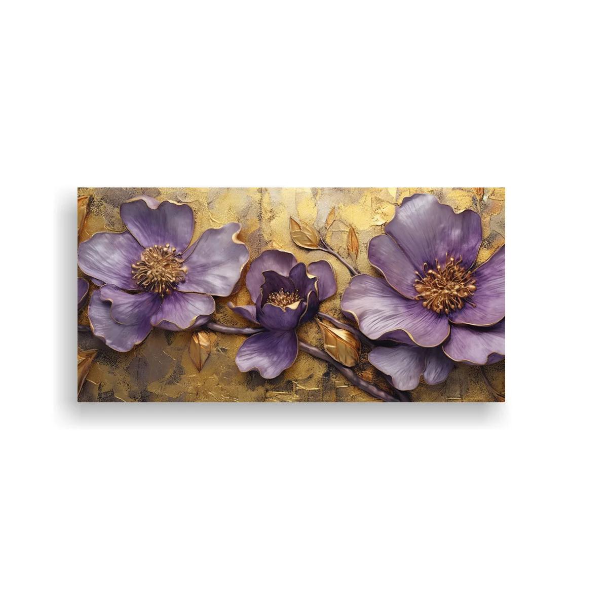 Cuadro de magnolias moradas con ramas y fondo dorado