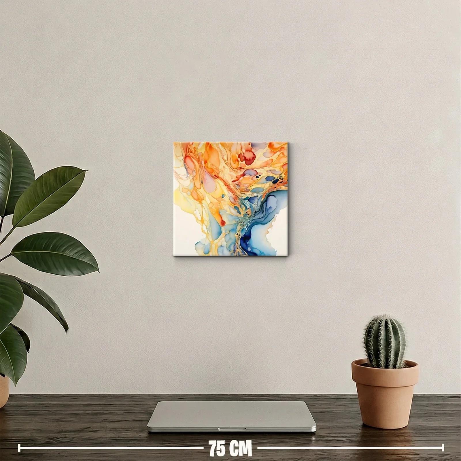 Cuadro abstracto en tonos cálidos y fríos con dinámica fluida — miniatura 2