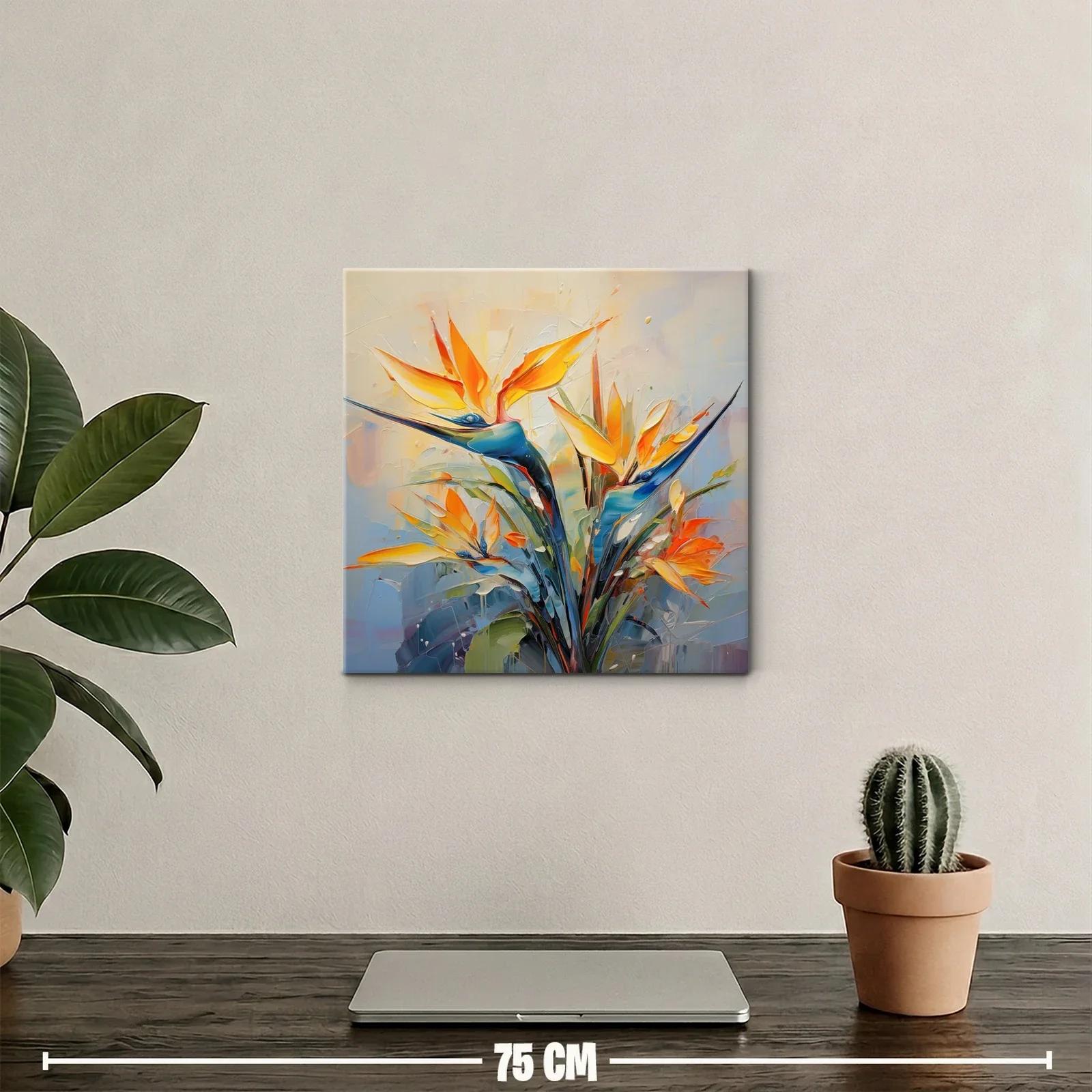 Cuadro vibrante con flores exóticas en tonos cálidos y azulados — miniatura 2