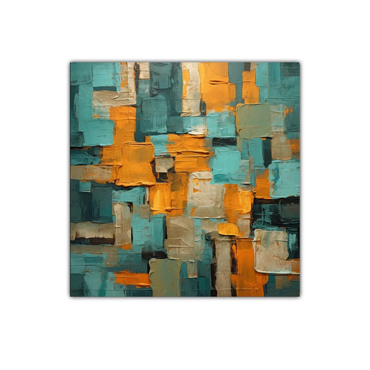 Composición abstracta con tonos cálidos y turquesa vibrante
