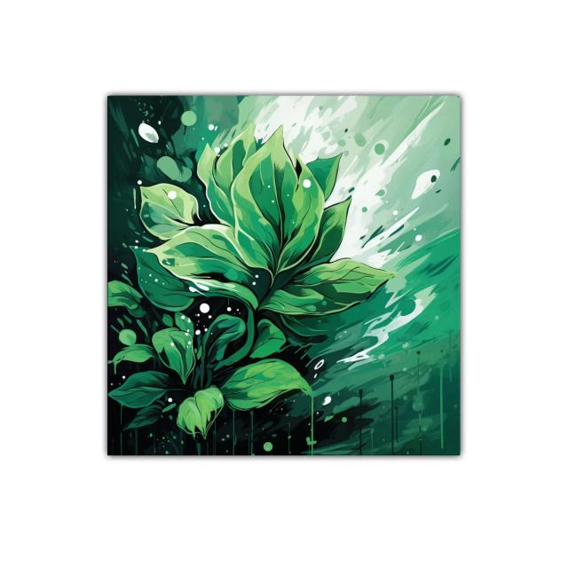 Cuadro decorativo vibrante con hojas verdes en movimiento