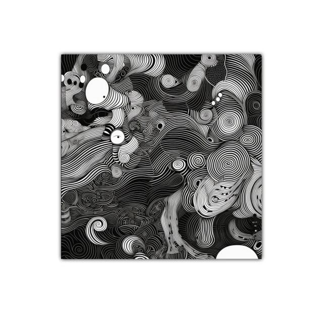 Cuadro abstracto en blanco y negro con líneas onduladas y espirales