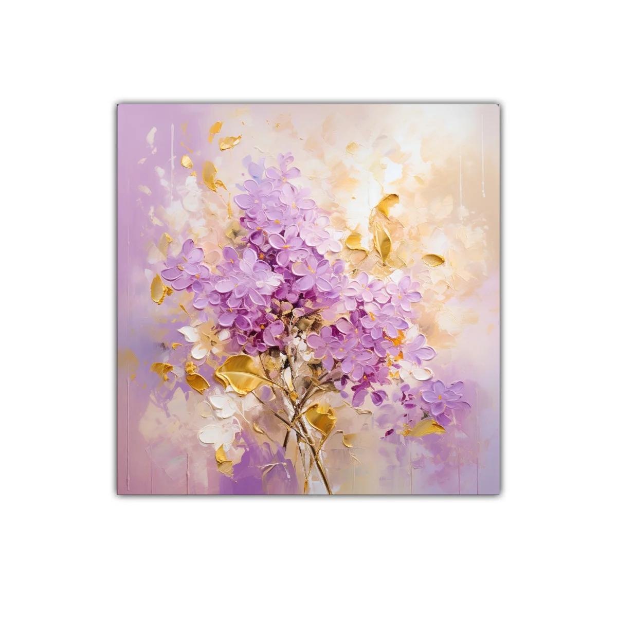 Cuadro decorativo ramo floral en tonos lila y dorado