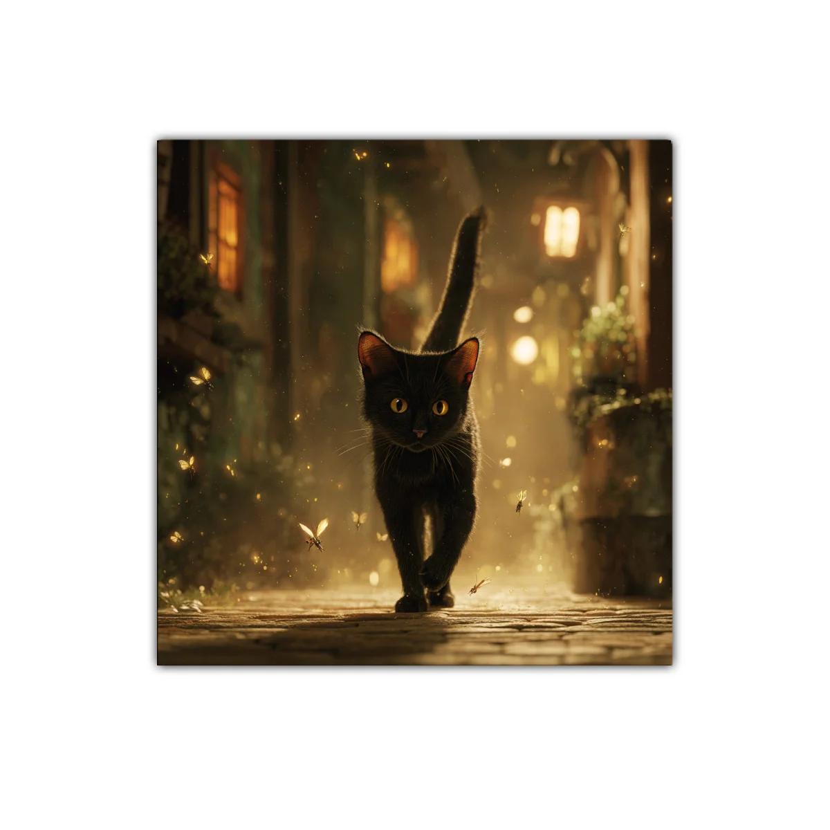 Gato negro caminando entre luces cálidas y polvo dorado