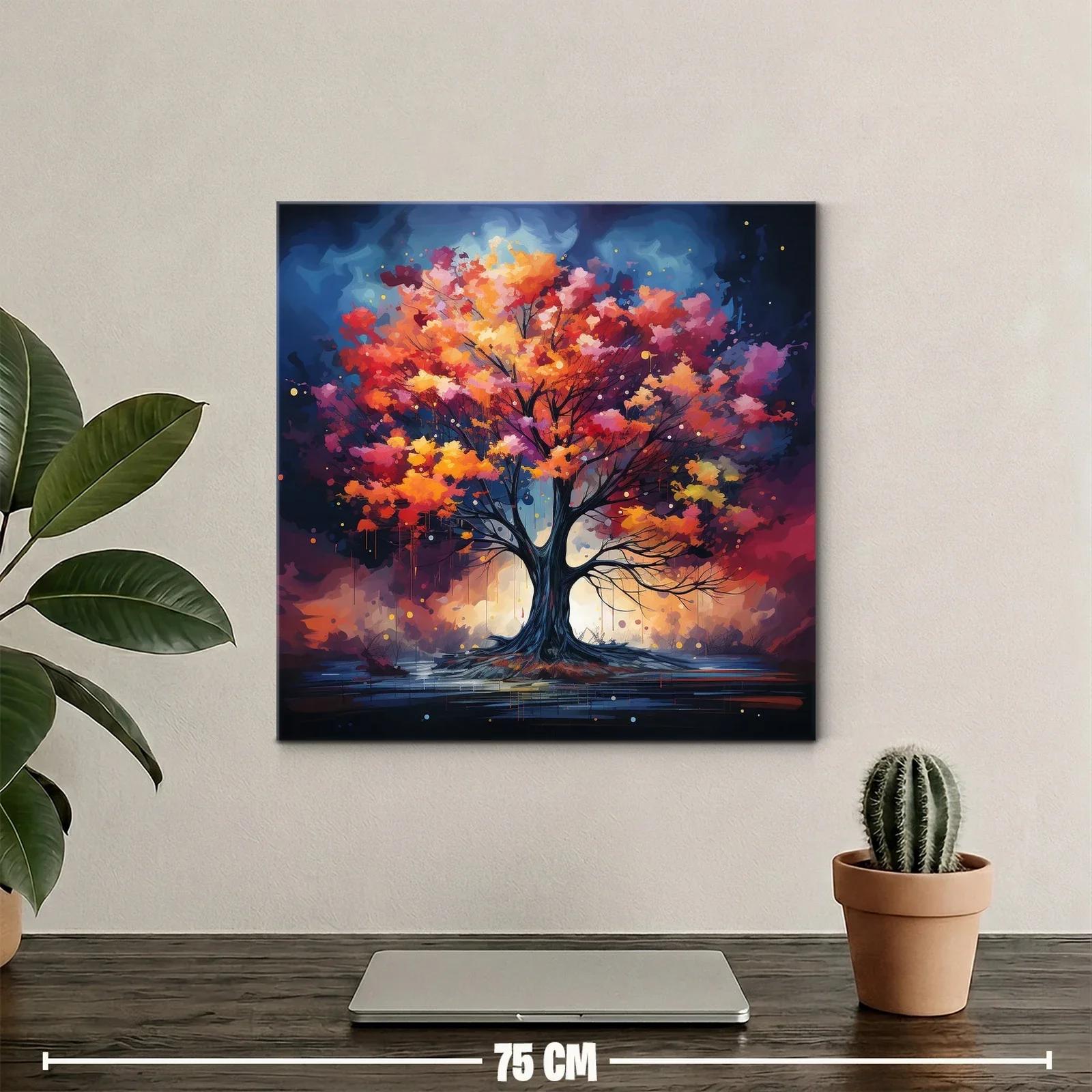 Árbol vibrante con hojas en tonos cálidos y fondo celestial — miniatura 2