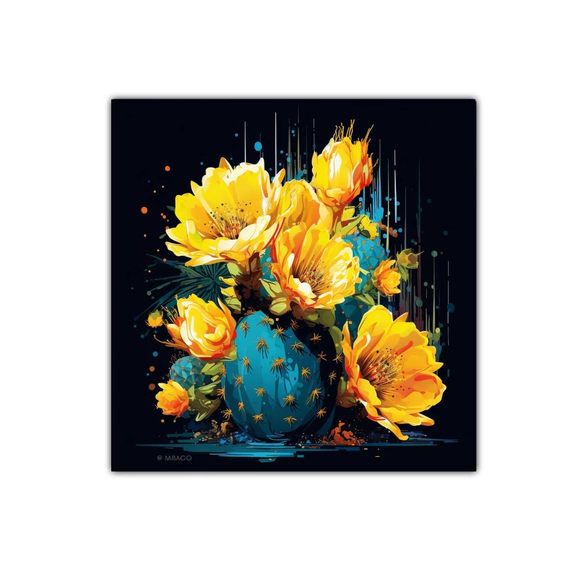 Cuadro moderno con flores amarillas y cactus azul vibrante — imagen principal
