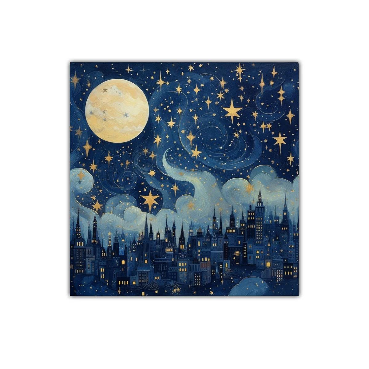Ciudad nocturna bajo un cielo estrellado con luna llena — miniatura 1