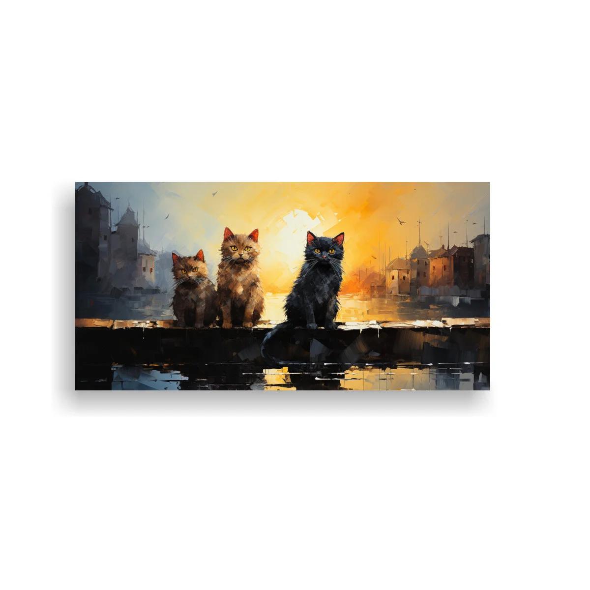 Cuadro tres gatos sentados frente a la ciudad al atardecer — imagen principal