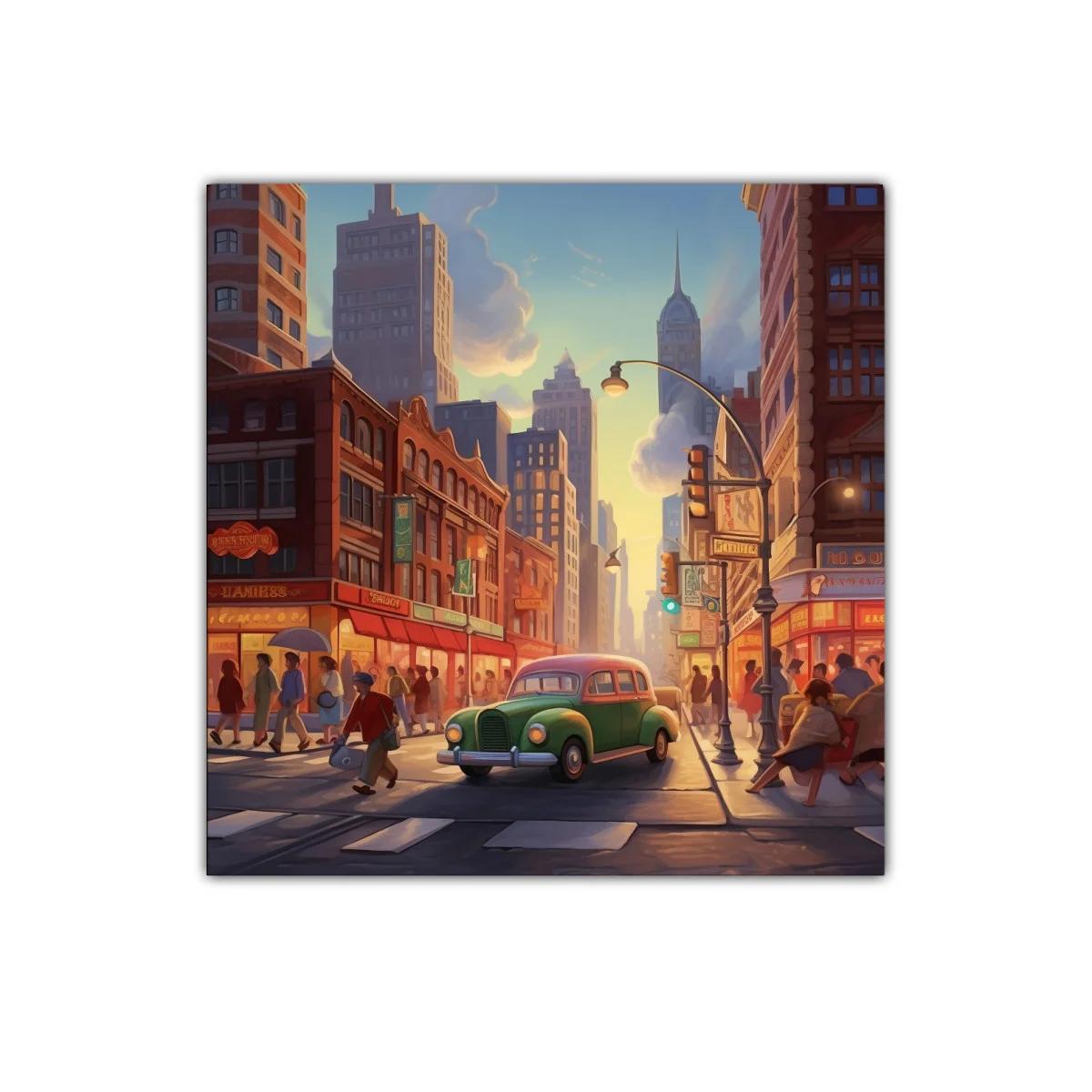 Atardecer urbano con coche clásico en calle concurrida — miniatura 1