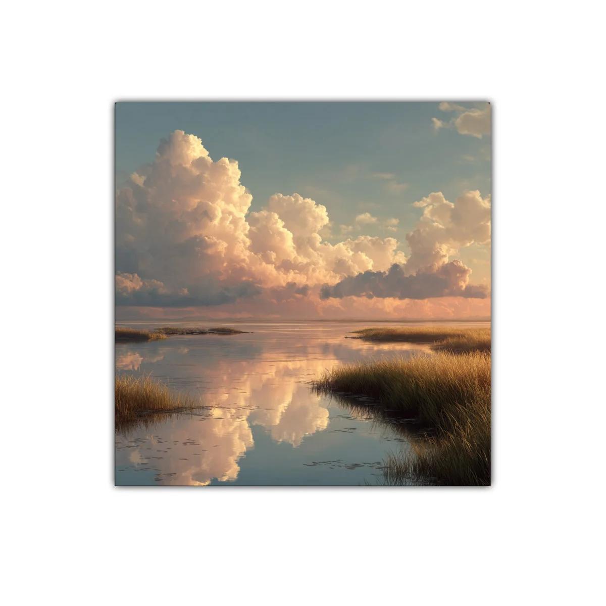 Paisaje de nubes y reflejos sobre aguas tranquilas al atardecer