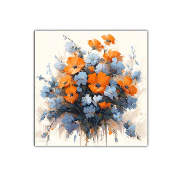 Cuadro decorativo con ramo de flores naranjas y azules