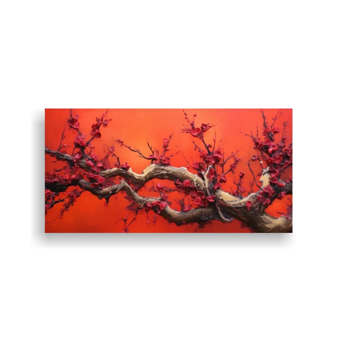 Cuadro rama de cerezo en flor con fondo rojo degradado