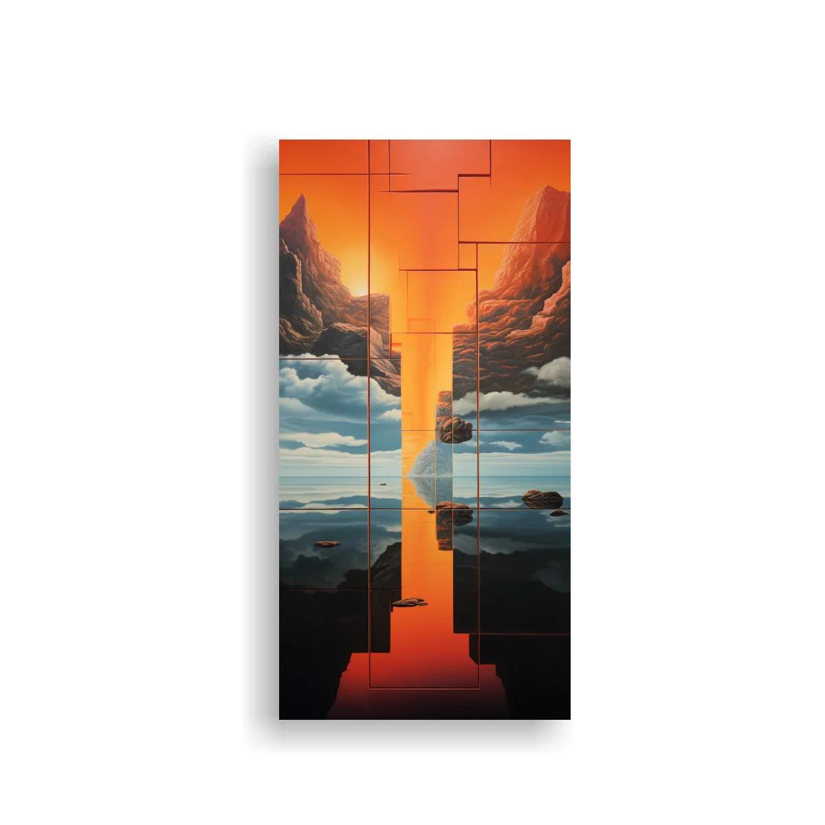 Cuadro cañón surrealista con luz naranja y líneas geométricas — imagen principal