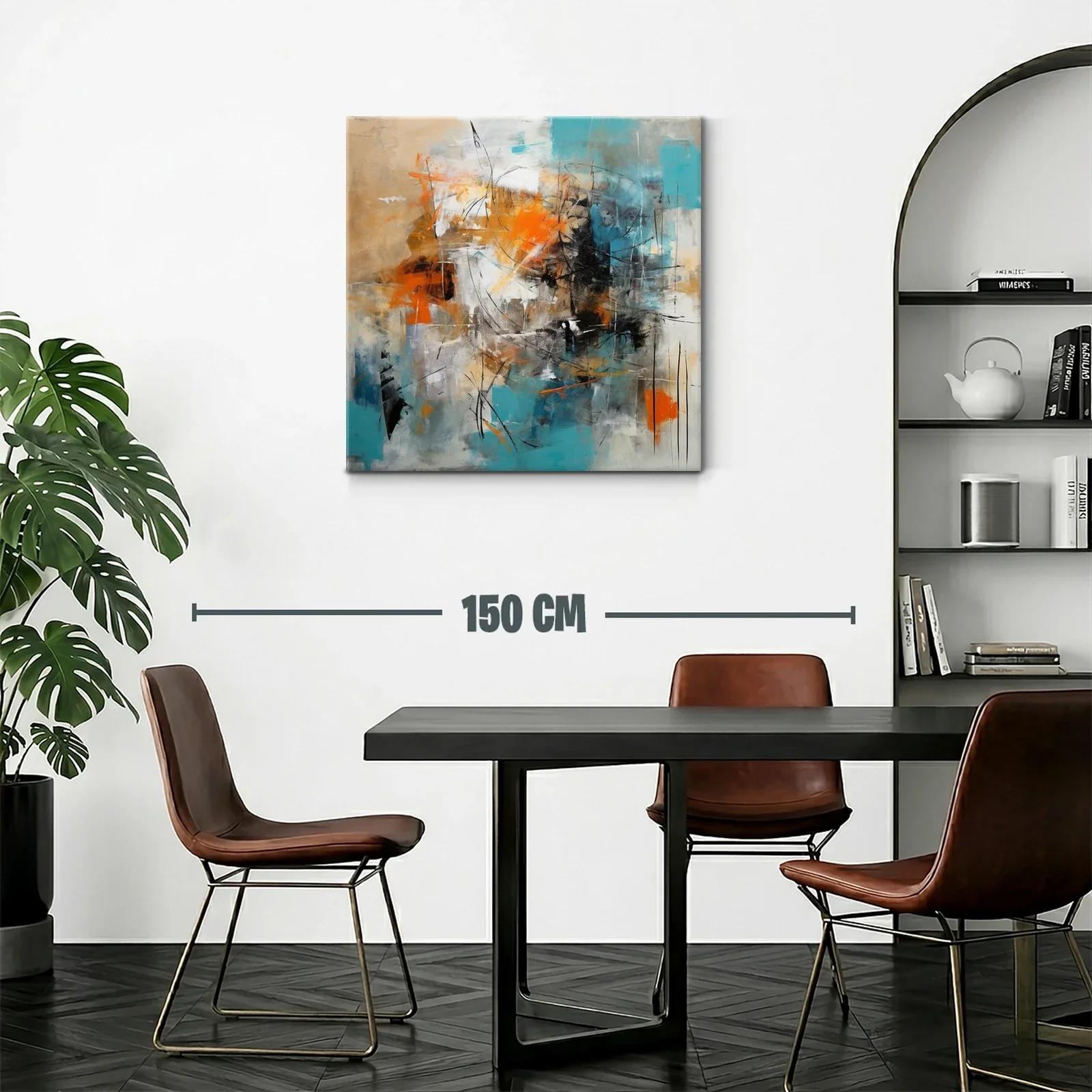 Cuadro abstracto con toques en turquesa y naranja vibrante — miniatura 2