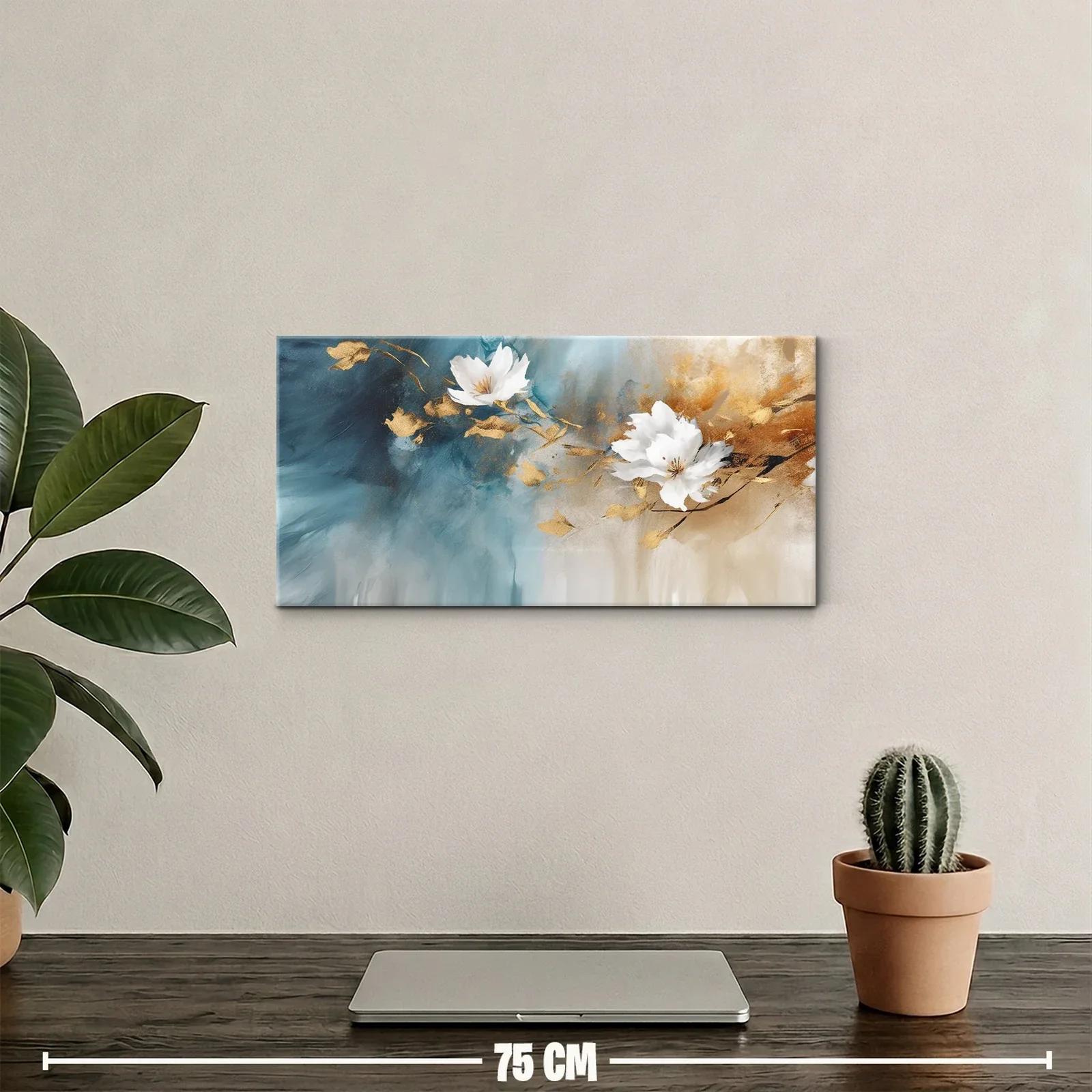 Cuadro flores blancas tipo magnolia con hojas doradas — miniatura 2