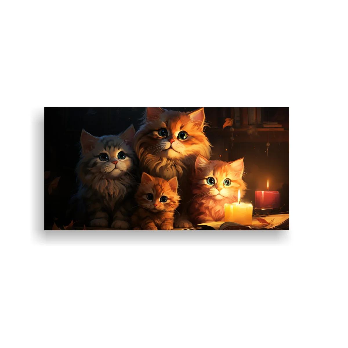 Cuadro familia de gatos peludos con libro y velas