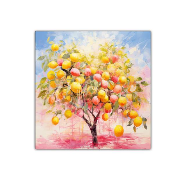 Árbol colorido con frutos en tonos amarillos y rosas suaves